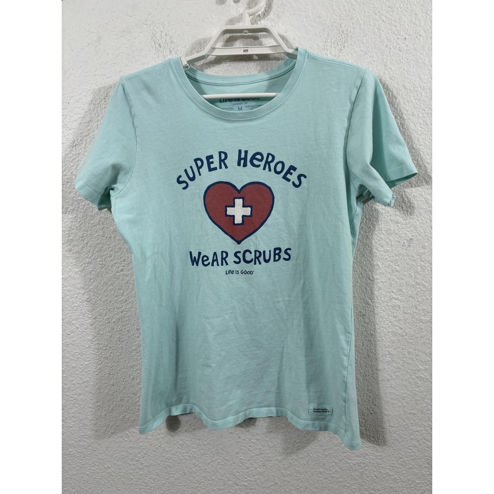 Life Is Good Shirt Womens Medium Light Blue Crusher Tee Super Heroes Scrubs‎
